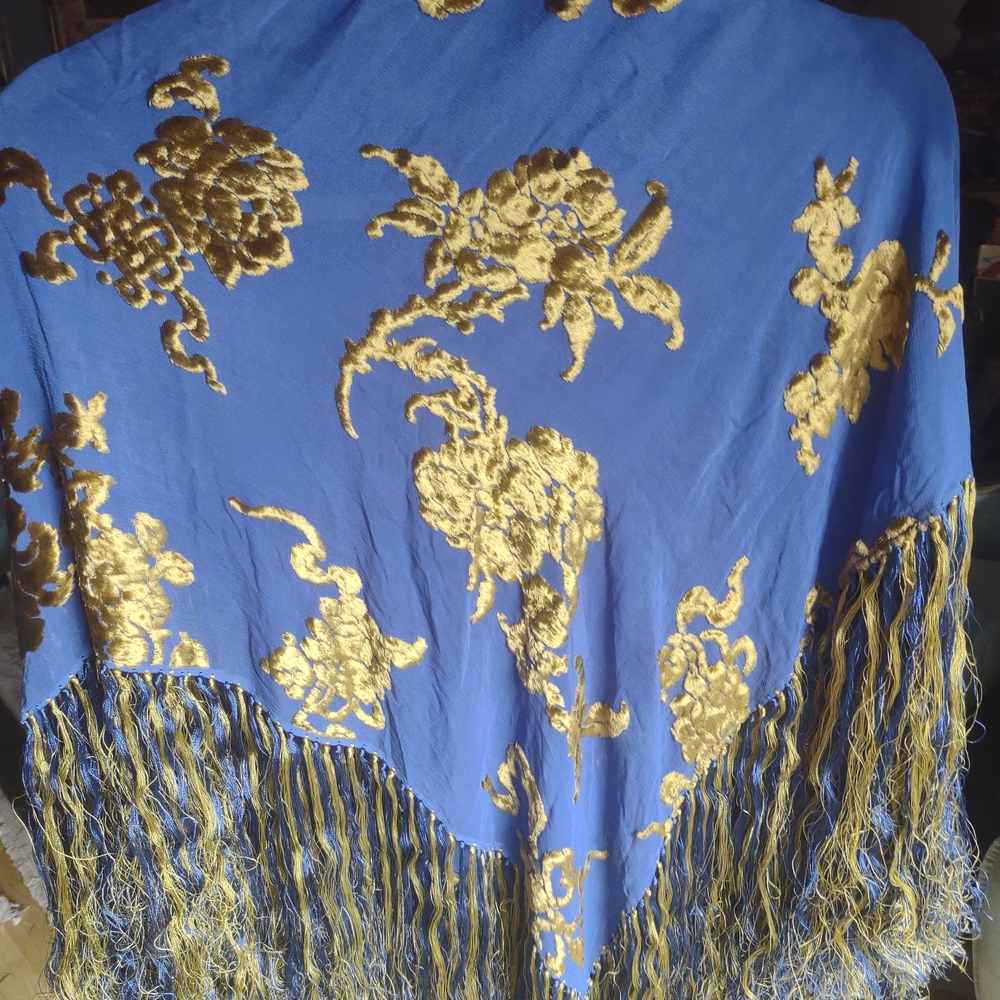 Blue and Gold Silk Floral Shawl with Fringe
